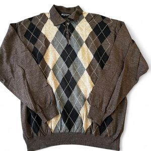 Vintage Italian 100% Merino Wool Argyle Polo Sweater Men’s XL Brown
